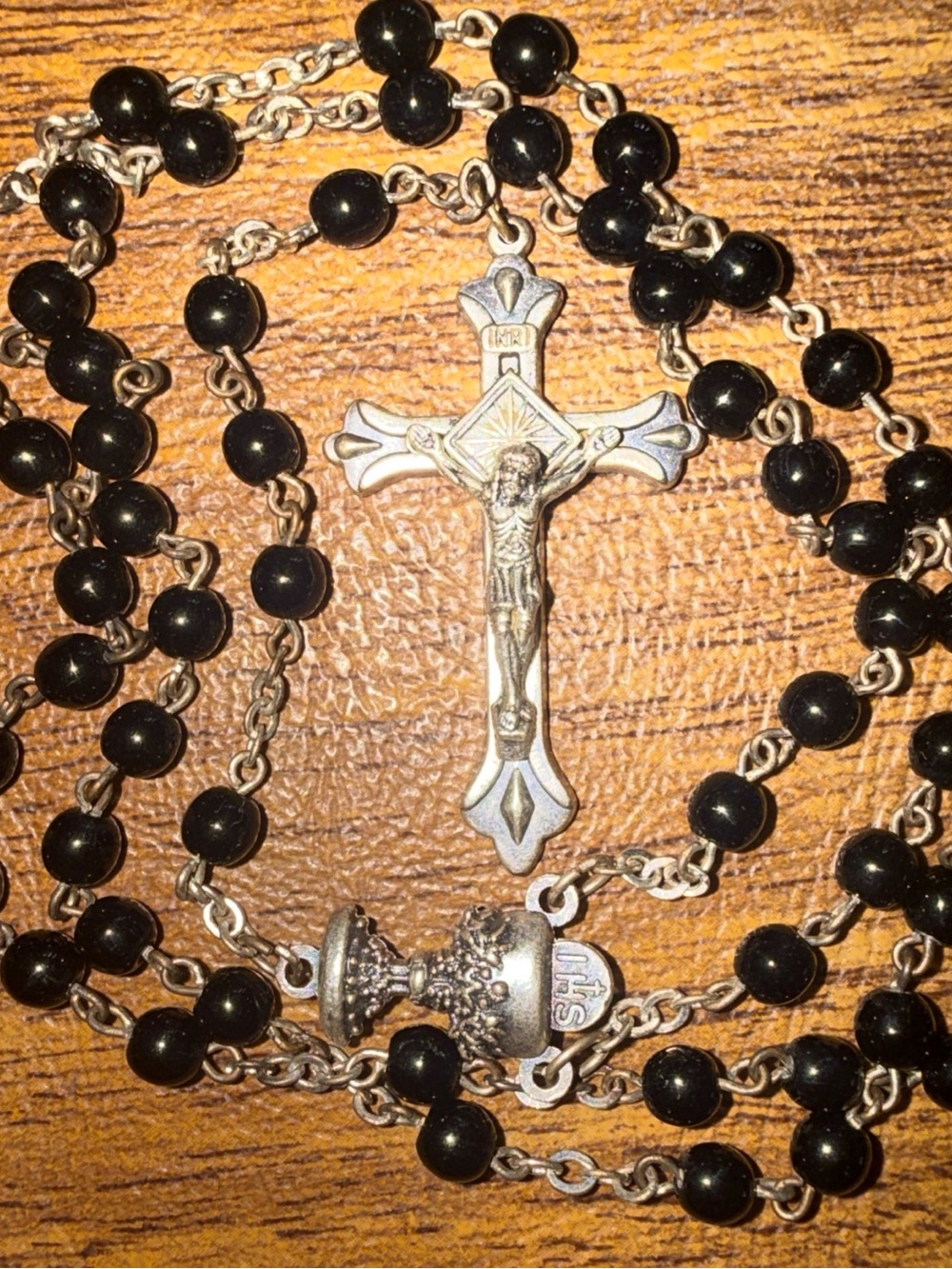 Italian rosary beads Catholic silver tone vintage IHS ITALY